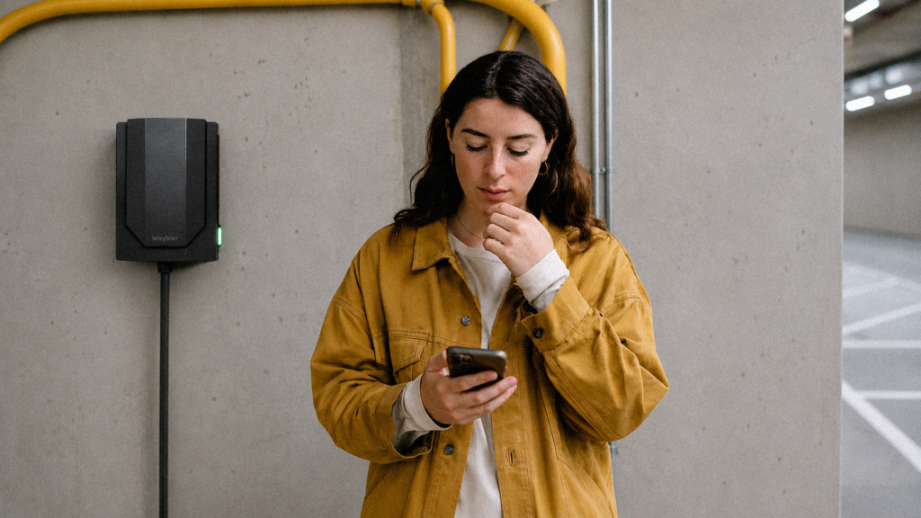 Kvinna i garage bredvid Waybler laddbox tittar i sin smartphone